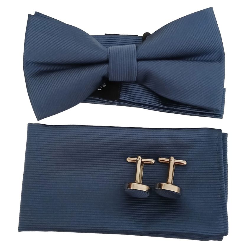 Blue Bow Tie And Hanky Set With Cufflinks