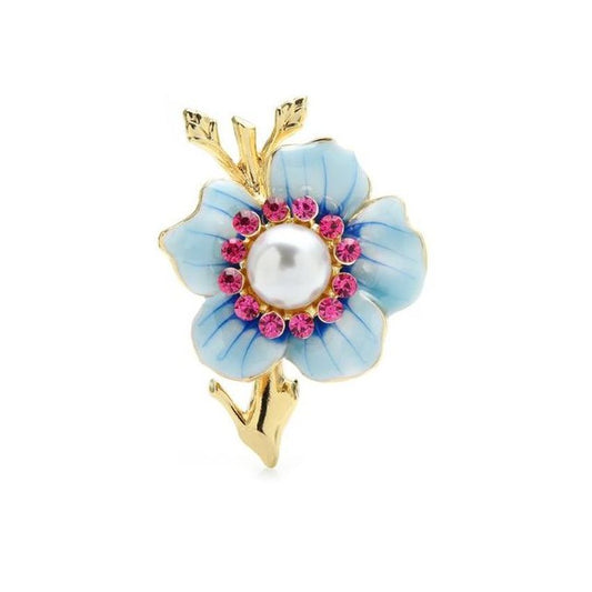 Blue Flower With Pearl Bead Brooch