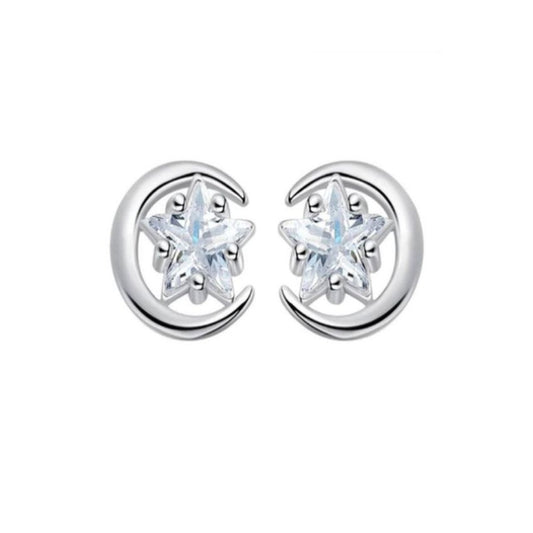 CZ Star In A Half Moon Stud Earrings