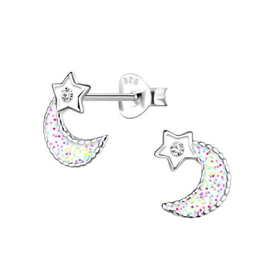 Cubic Zirconia Silver Half Moon And Star Earrings