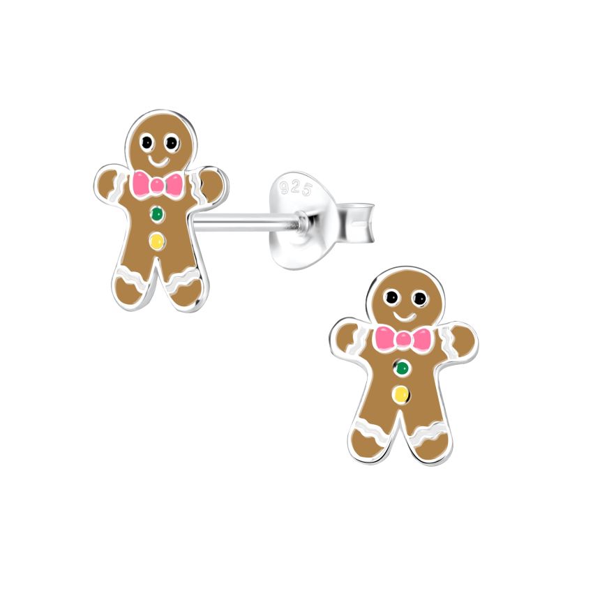 Cute Brown Sterling Silver Kids Gingerbread Earrings