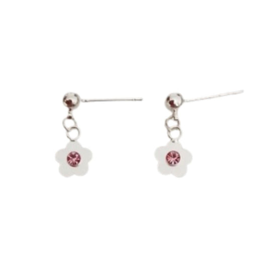 Dangly Pink Flower Sterling Silver Earrings