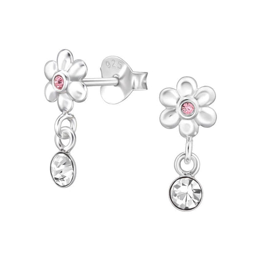 Dangly Pink Flower Sterling Silver Earrings