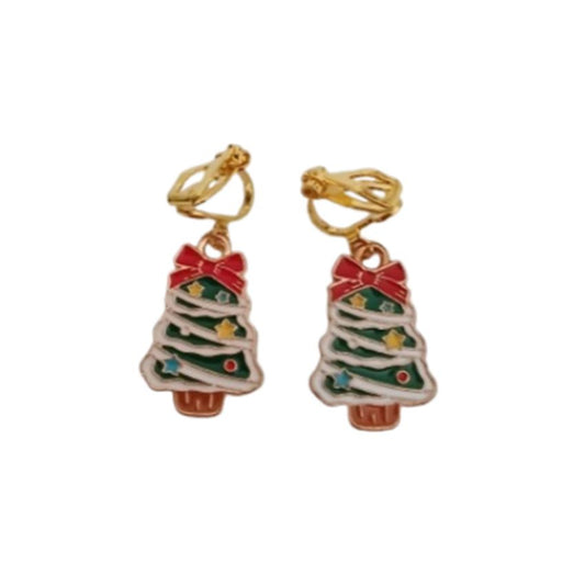 Green And Red Christmas Tree Clip On Earrings