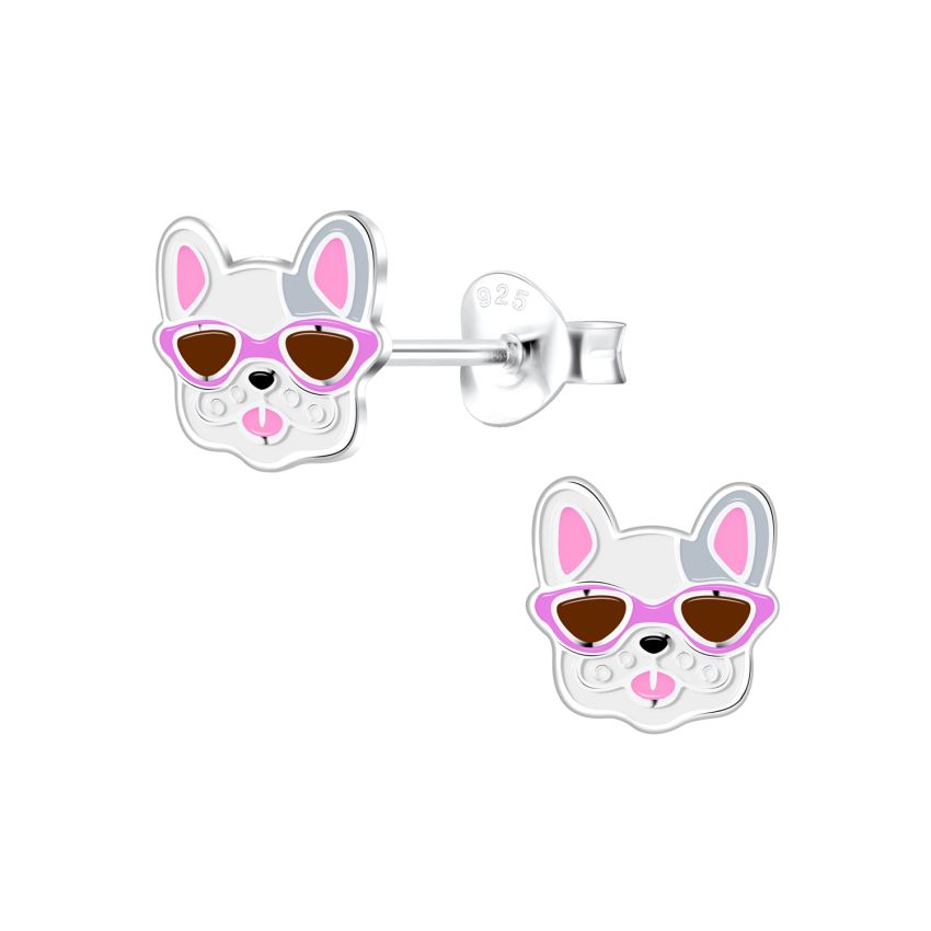 Grey And White Silver Dog Stud Earrings