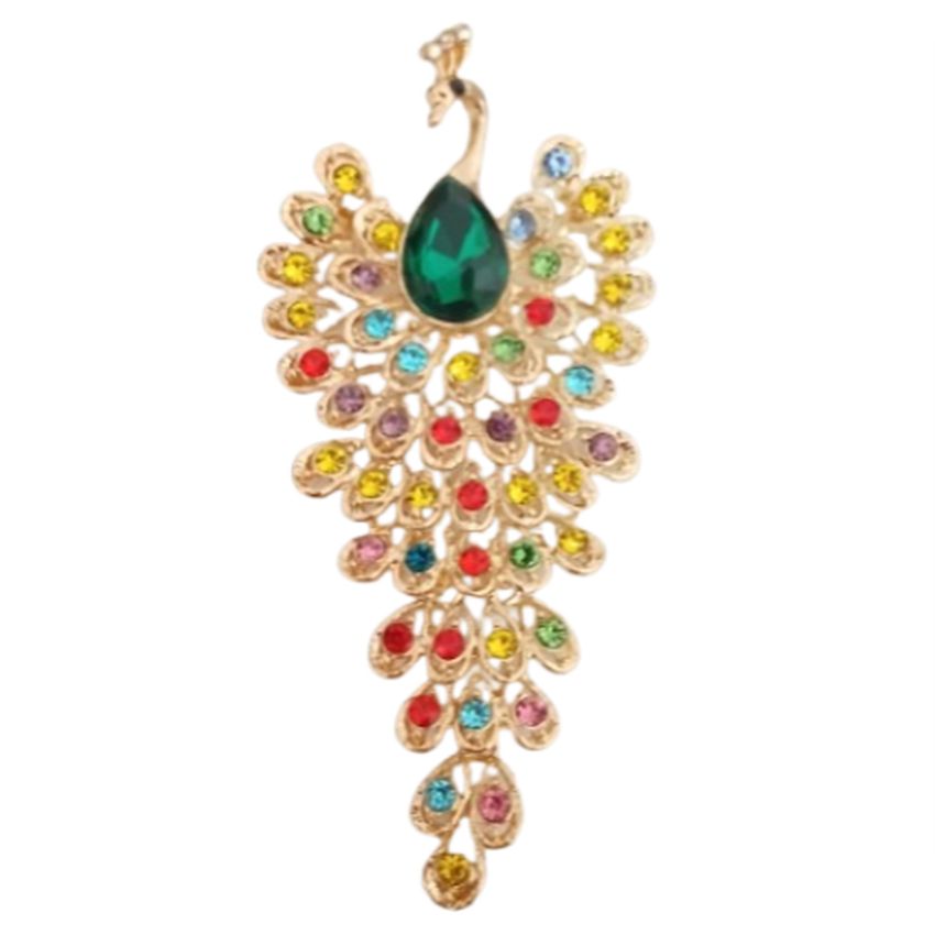 Long Colourful Peacock Diamante Brooch