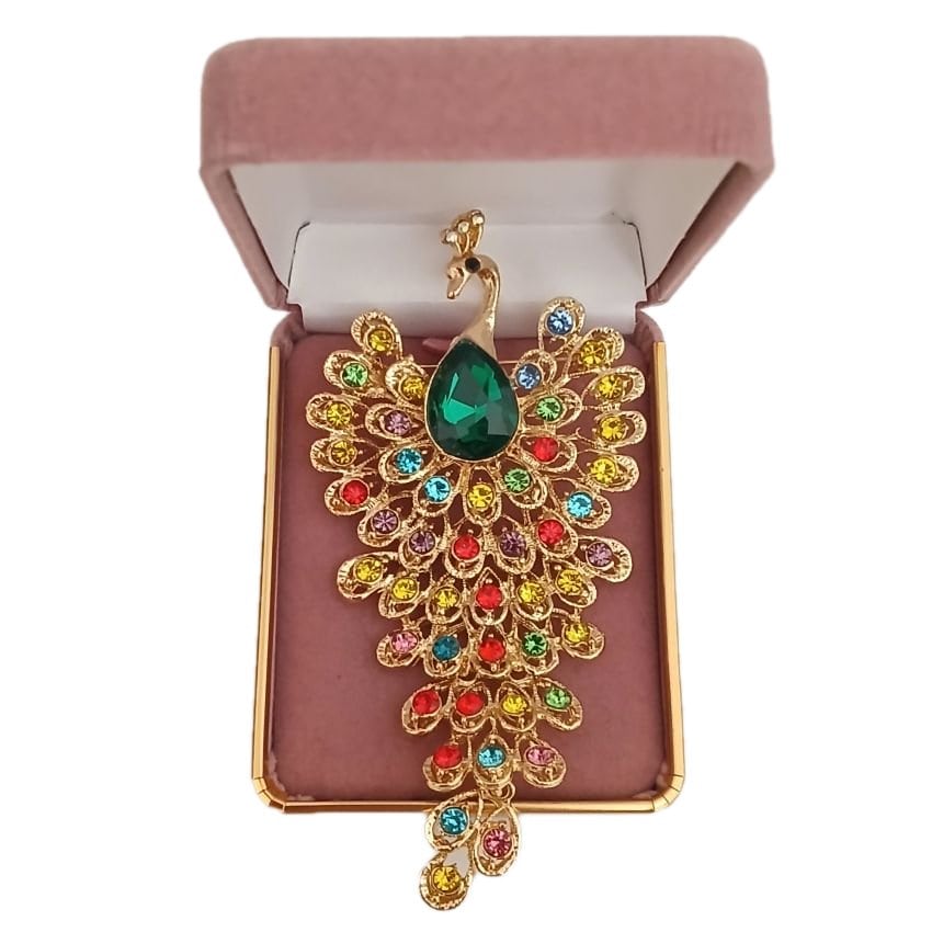 Long Colourful Peacock Diamante Brooch(2)