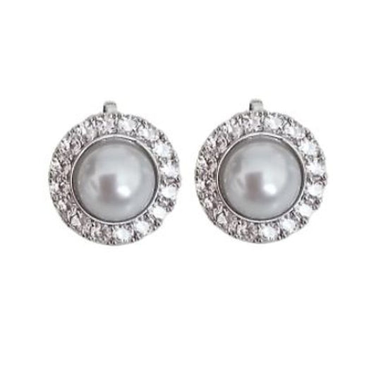 Silver Diamante And Grey Pearl Clip On Earrings