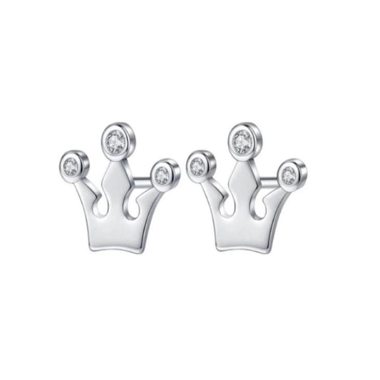 Small Princess Crown Silver Stud Earrings Inlaid With CZ Stones