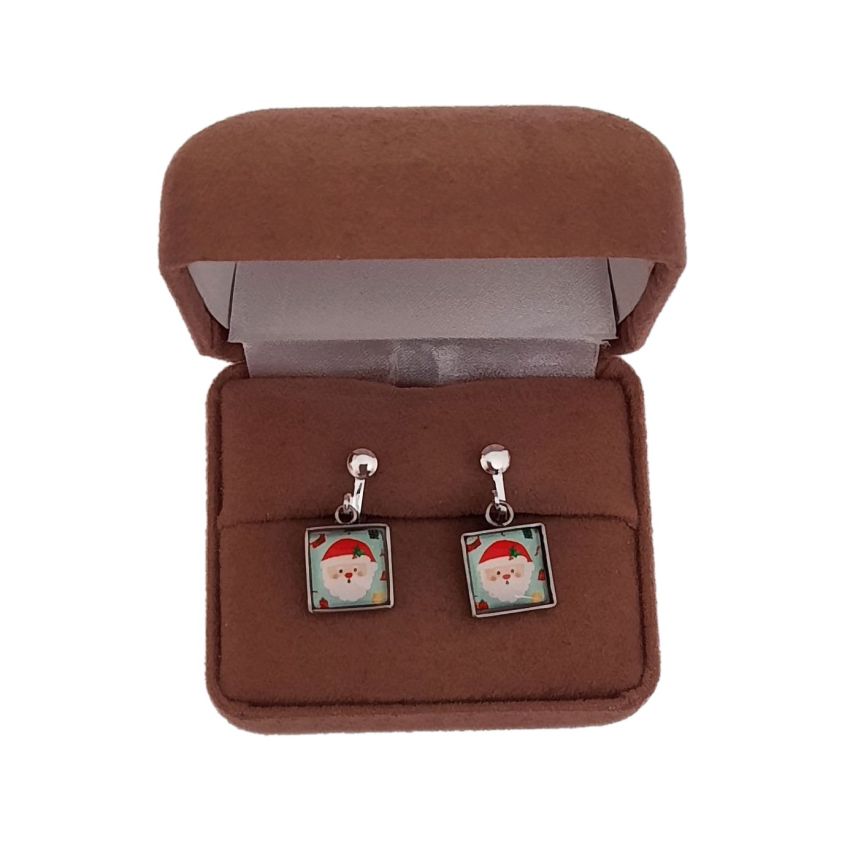 Small Square Santa Clip On Earrings(2)