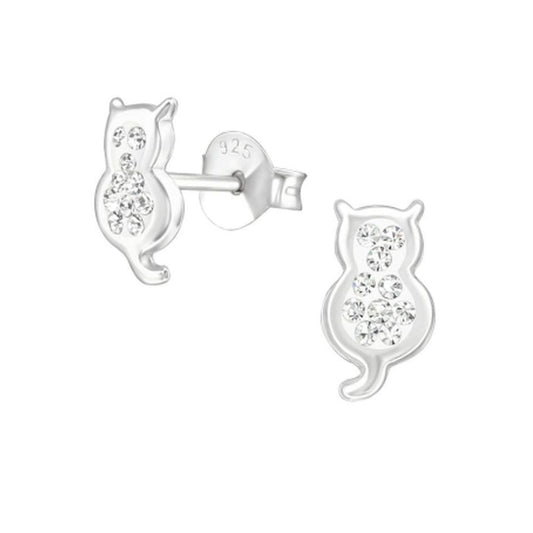 Small Crystal Cat Sterling Silver Earrings