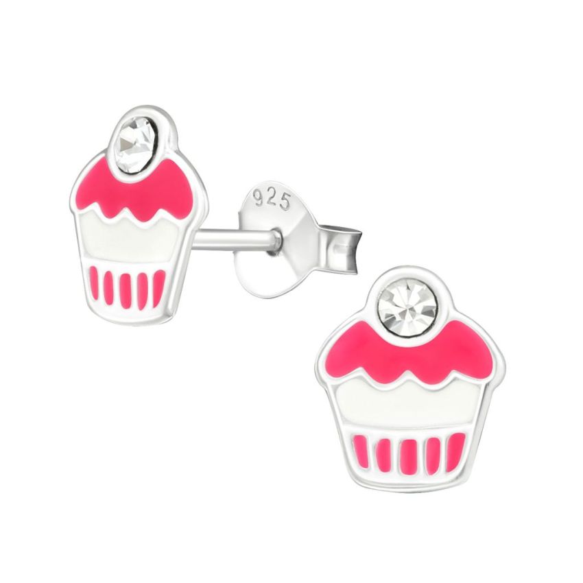 Sterling Silver Kids Pink Enamel Cupcake Earrings