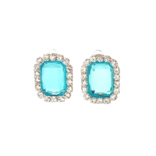 Turquoise Rectangle With Diamante Edges Clip On Earrings