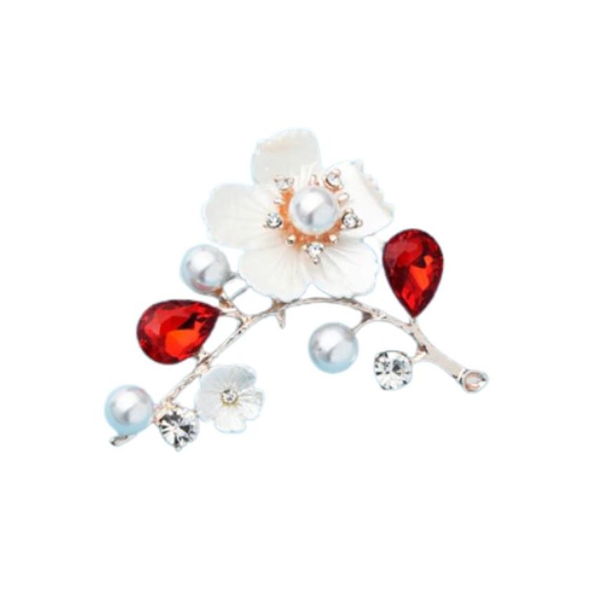 White And Red Flower Diamante Brooch