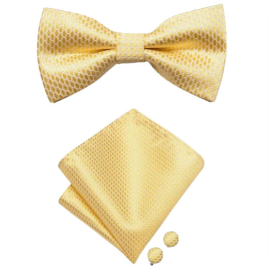 Yellow Bow Tie And Hanky Set With Cufflinks