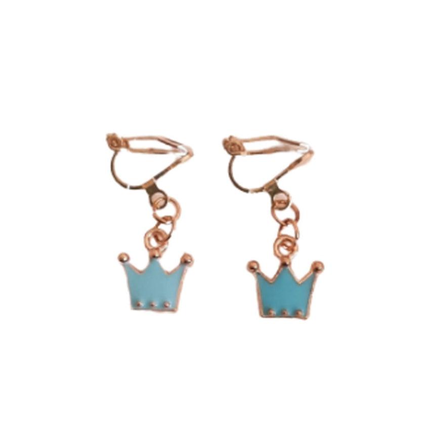 Blue Crown Drop Clip On Earrings