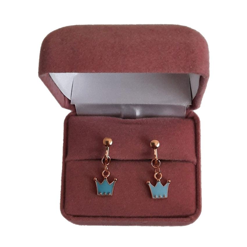 Blue Crown Drop Clip On Earrings