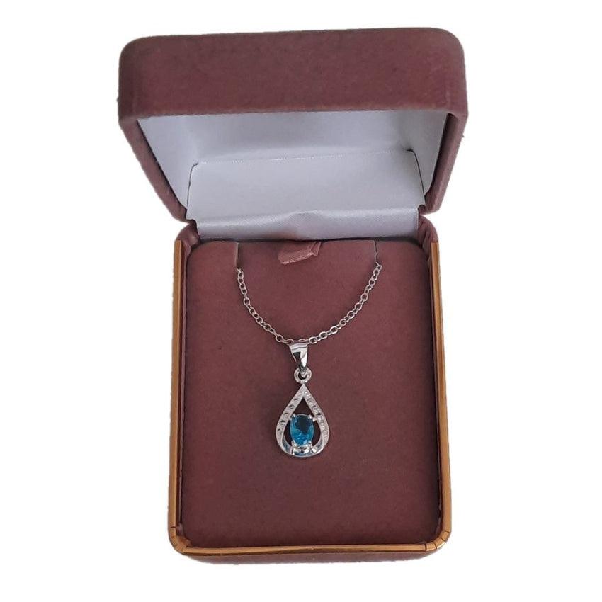 Lake Blue Topaz Pear Drop Pendant With Cubic Zirconia Edges