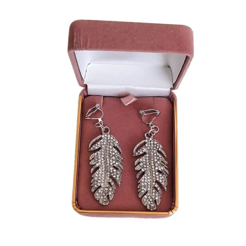 Long Feather Diamante Clip On Earrings