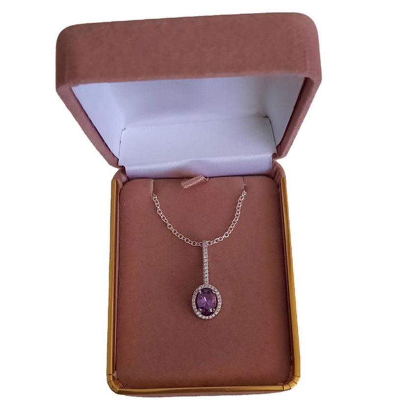 Oval Amethyst And CZ Stone Centre White Stone Stem Pendant