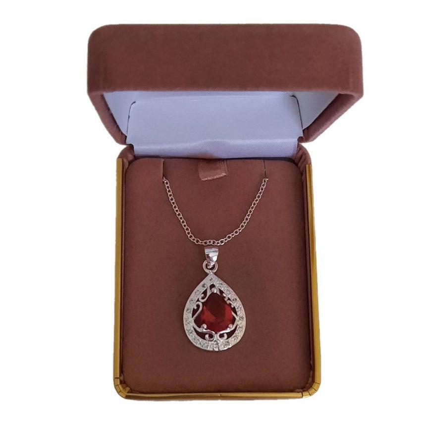 Red Centre Stone Cubic Zirconia Pendant With a Filigree Surround