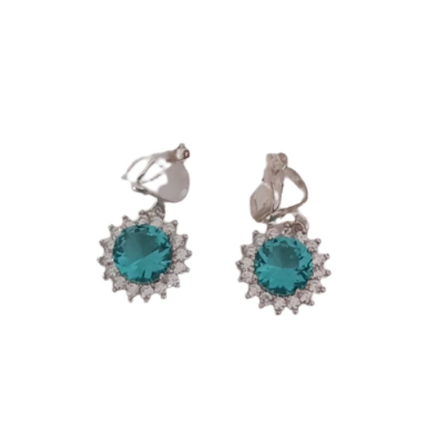 Round Sea Green Diamante Clip On Earrings