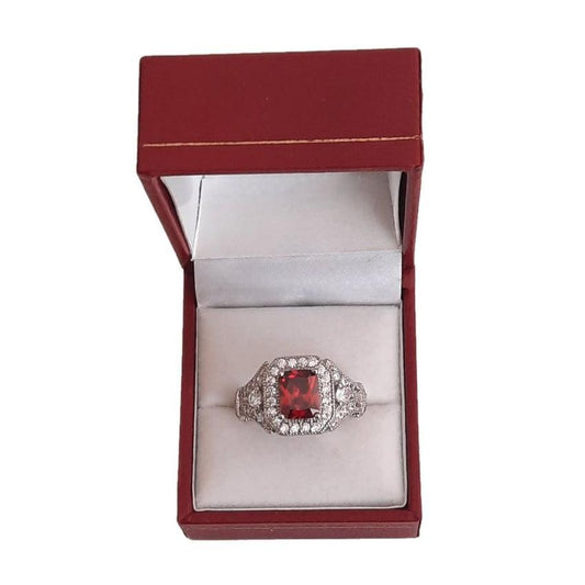 Ruby Red Colour Square Silver Cocktail Ring