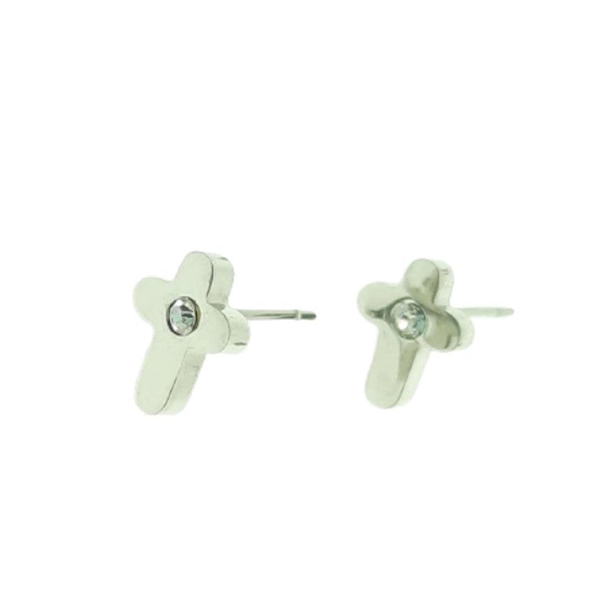 Stainless Steel Girls Cubic Zirconia Centre Cross Communion Earrings