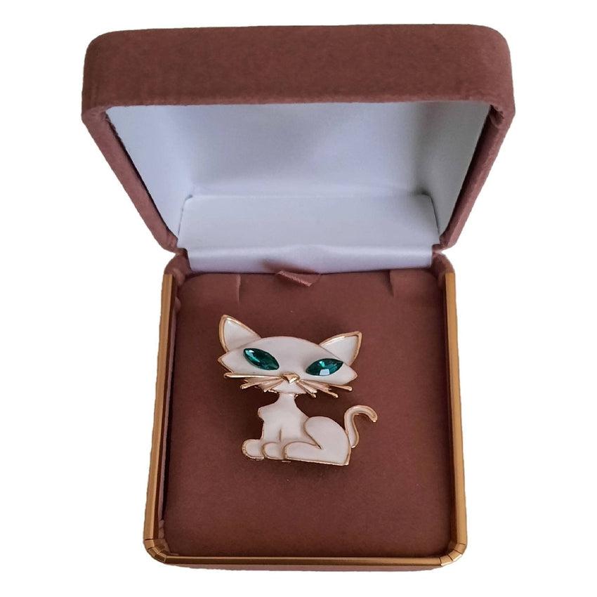 White Cat With Green Crystal Eyes Brooch