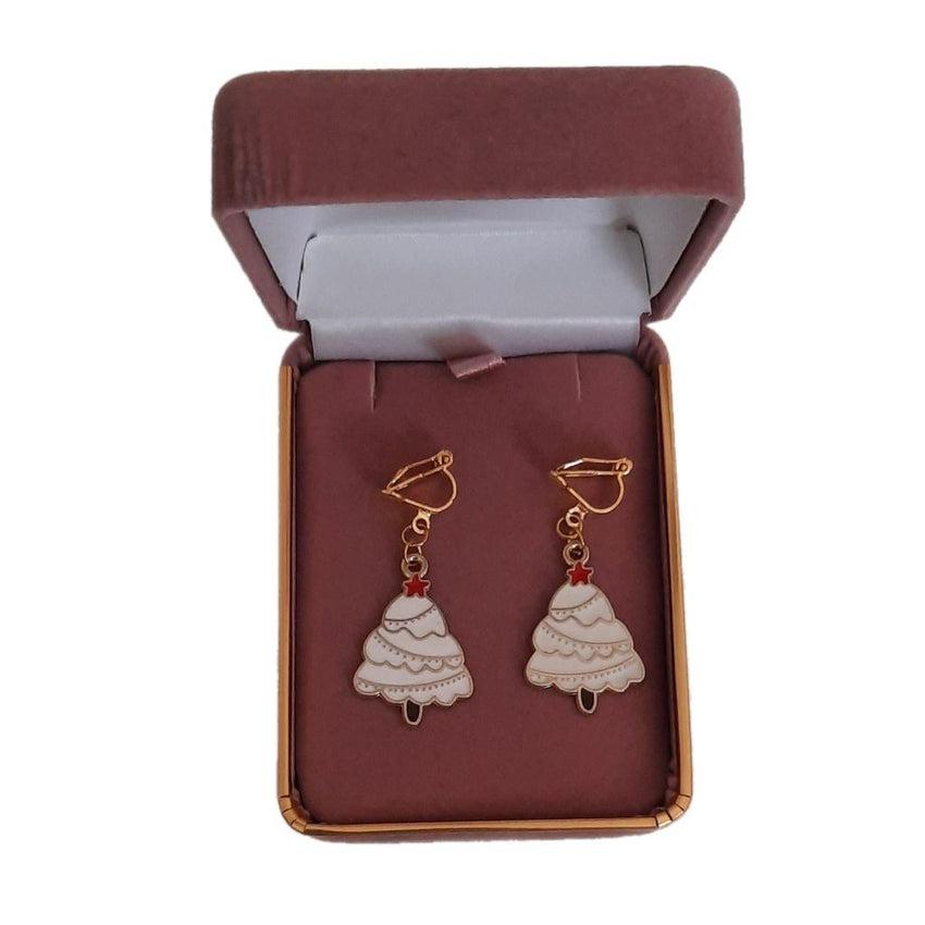 White Christmas Tree Clip On Earrings